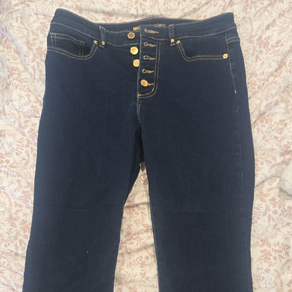 Michael Kors High Rise Dark Blue Jeans with Gold Buttons